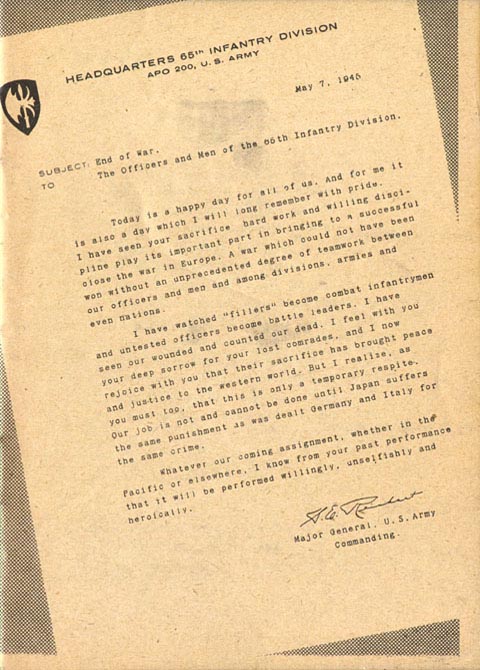 [Letter to officers and men of the 65th Inf Div]
