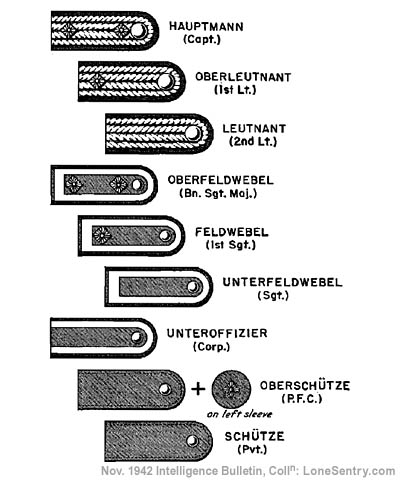 [Figure 2. German insignia: Shoulder straps. Numerals denoting company, battery, or troop may appear on the end buttons; numerals denoting regiment may appear on the center of the straps.]