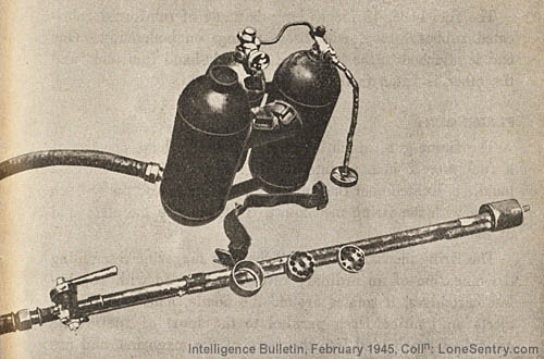 [The Japanese flame thrower, showing the fuel and pressure tanks, the flame gun, and the disassembled igniting-cartridge magazine.]