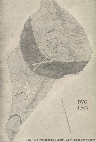 [Map of Iwo Jima—The dark areas indicate the strongest defense zones, according to the Japanese plan.]