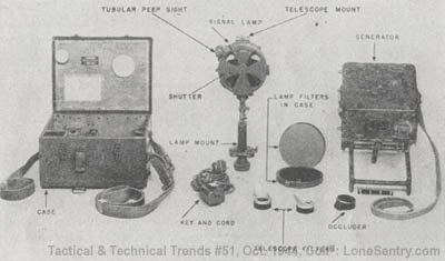 [WWII Japanese signal lamp and generator, unassembled, showing carrying case, lamp components (minus telescope and tripod) and generator.]