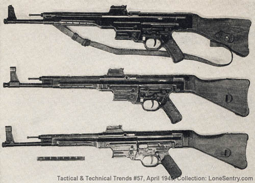 [Successive models of the Sturmgewehr 44. From top to bottom are shown the M. P. 43, the M. P. 43/1, and the M. P. 44.]