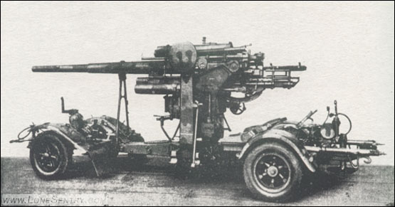 [Two Views of the German 88-mm. Multipurpose Gun: On Special Trailer, Left Side View.]