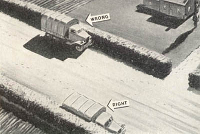[FIGURE 26. If you must park on a road, watch that shadow.  Park, as the foremost truck has done, so that the shadow is thrown into an irregular ditch or upon a bush. Do not park, as the rear truck is parked, so that the shadow of the vehicle falls on a smooth surface.]
