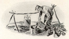 [FIGURE 35. Green vegetation being boiled in 5-gallon cans to make adhesive.]