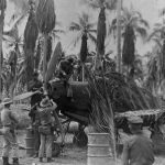 A Bell P-39 Airacobra camouflaged with palm fronds is serviced on an island in the Pacific. (U.S. Air Force Photograph.)