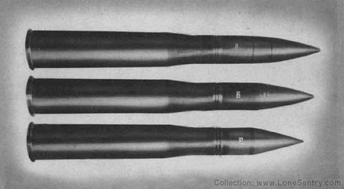 [Complete rounds for 90mm Gun, M3. No. 1 -- Projectile, A.P.C.-T., 90mm, M82; No. 2 -- Shot, A.P.-T., 90mm, T33; No. 3 -- Shot, H.V., A.P.-T., 90mm, T30E16. All rounds assembled with Case, Cartridge, 90mm, M19.]