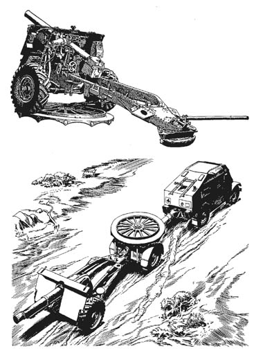 [Figure 12: British 25-pounder field gun-howitzer, showing the method by which it is transported]