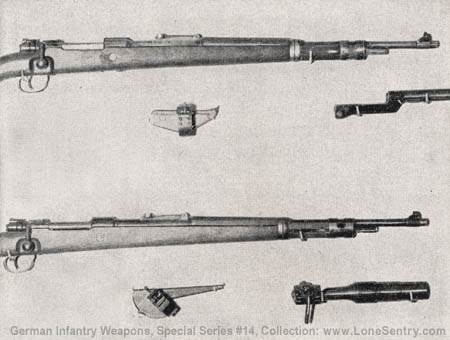 [Figure 13. Mauser Kar. 98K rifle with grenade launchers and sights.]
