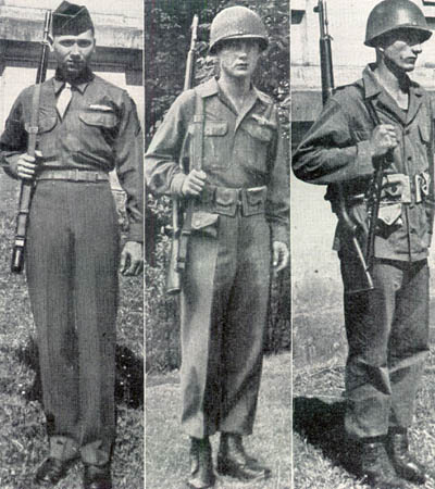[Dressed right, from left to right, are three Division Security Platoon men, wearing the service, field and fatigue uniforms.]
