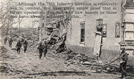 [78th Inf Div GIs ruined town]