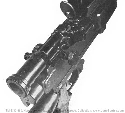[Figure 289. Telescopic sight for model 96 (1936) 6.5-mm light machine gun. The magnification is 2.5X, the field of view is 13°, and the weight is 20 oz. The reticle (Graticule) pattern provides for drift and windage, and is calibrated for a maximum range of 1,500 meters (1,640 yards).]